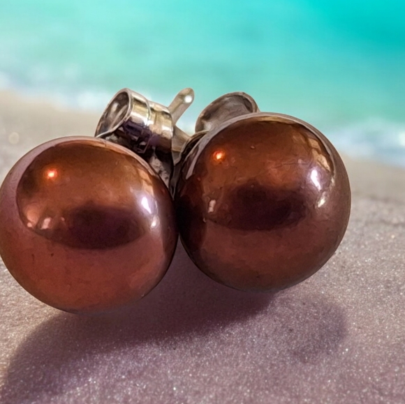 Vintage 925 Sterling Silver Freshwater Chocolate Pearl Stud Earrings weigh 1.2g - Picture 10 of 15